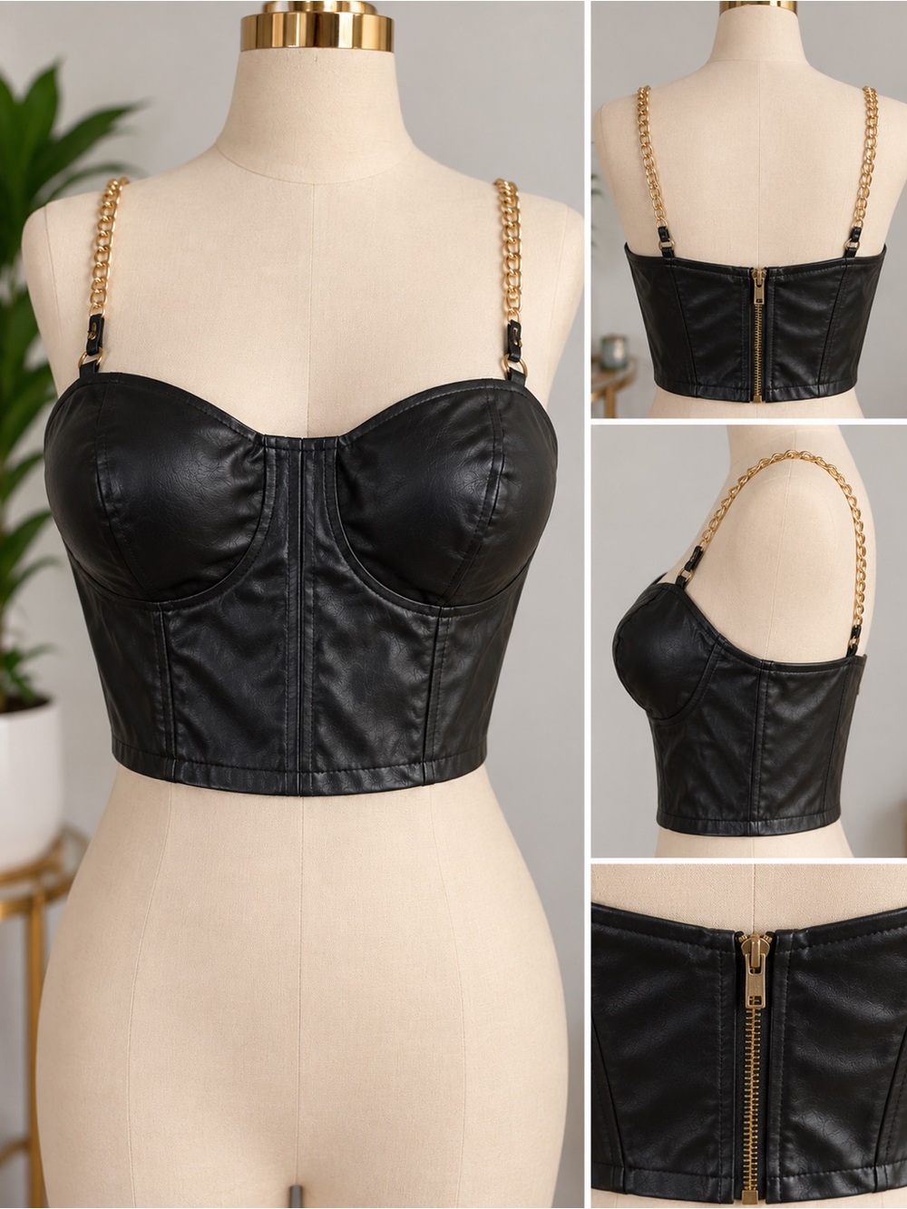 Trende Black Faux Leather Bustier Corset Top XL Gold Chain Straps